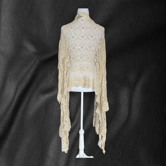 Cami Boho Crochet Cardigan Cream High Low Open Front Lace Knit Festival Duster M - Picture 3 of 6